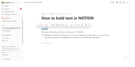 Open Notion and Select the Text to Bold