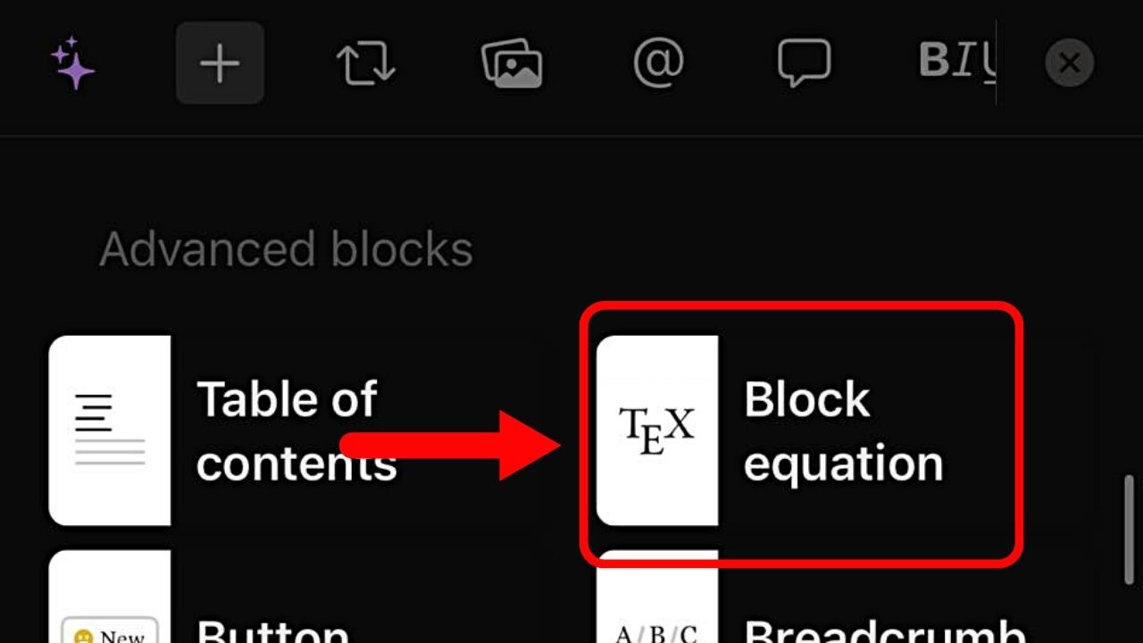 How to Add Block Equations with Subscripts in Notion Mobile Step 2