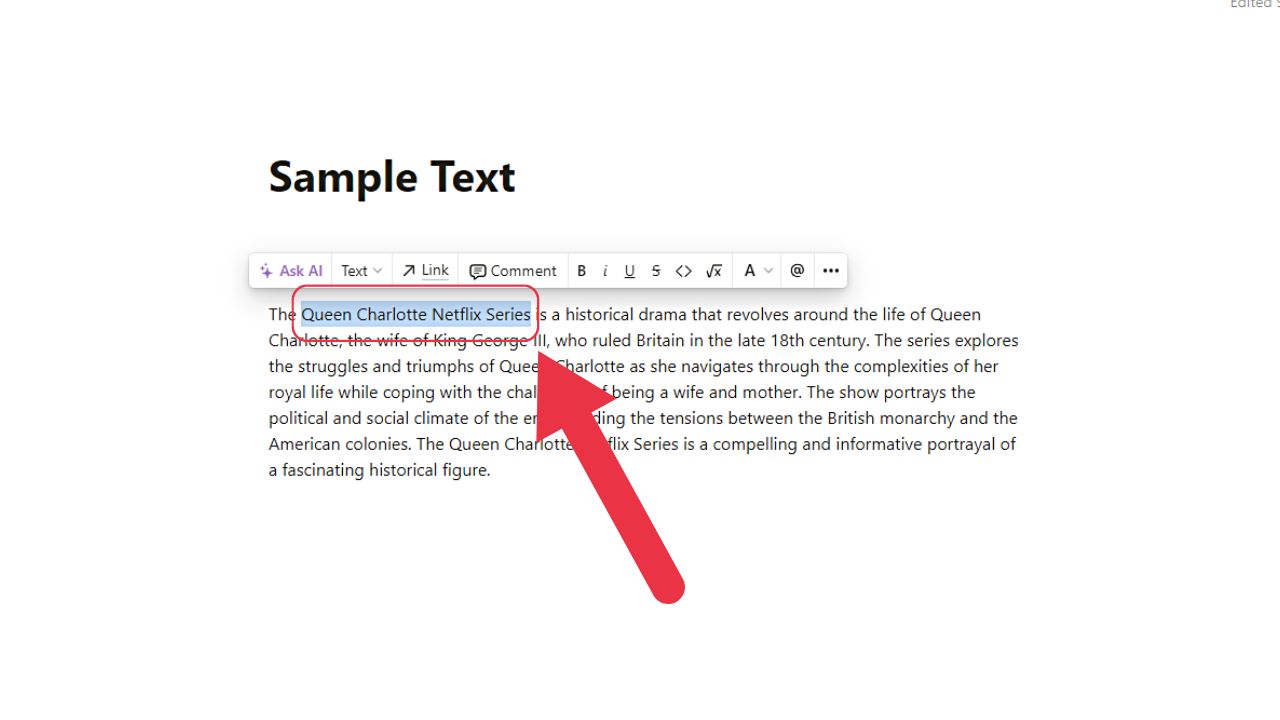 Click Underline on Text Formatting Window of Notion (Web Version) Step 1