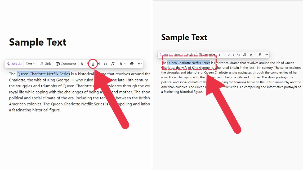 Click Underline on Text Formatting Window in Notion (Web Version) Step 2
