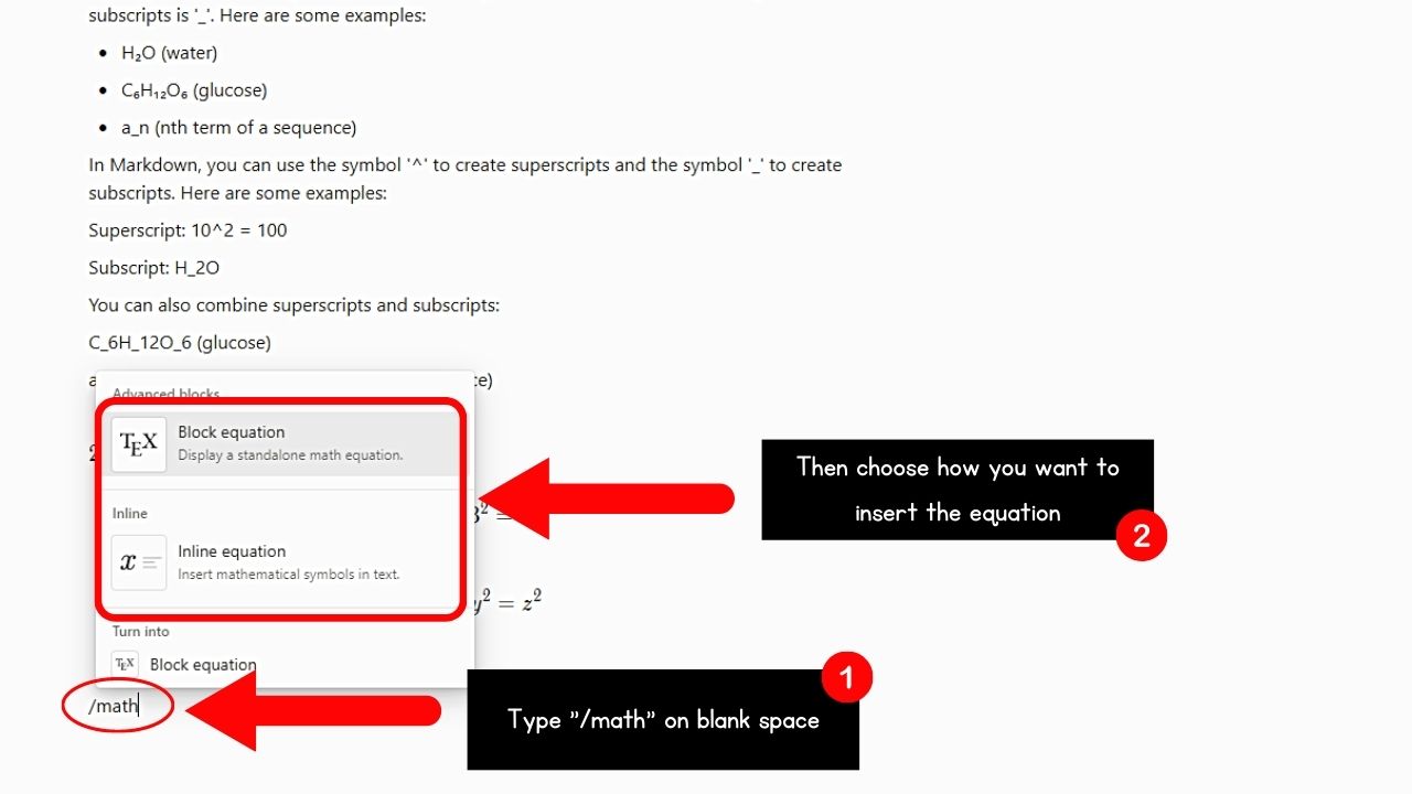 How to Open the Dropdown Menu to Insert an Equation and Add Superscripts in Notion Step 1