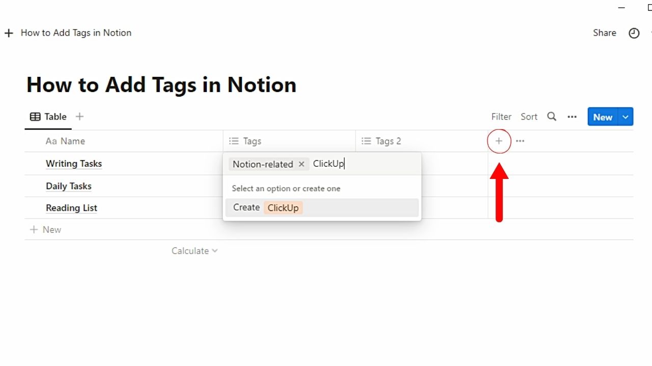 Adding Select or Multi-Select Property Columns to Add Tags in Notion Step 3