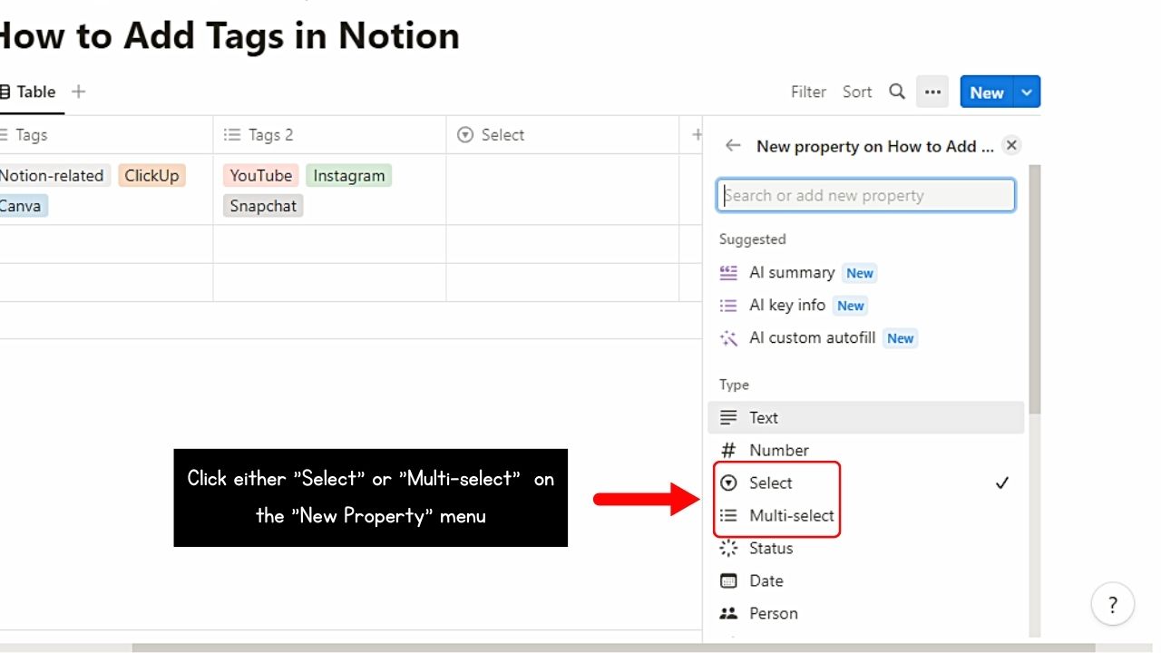 Adding Select or Multi-Select Property Columns to Add Tags in Notion Step 4