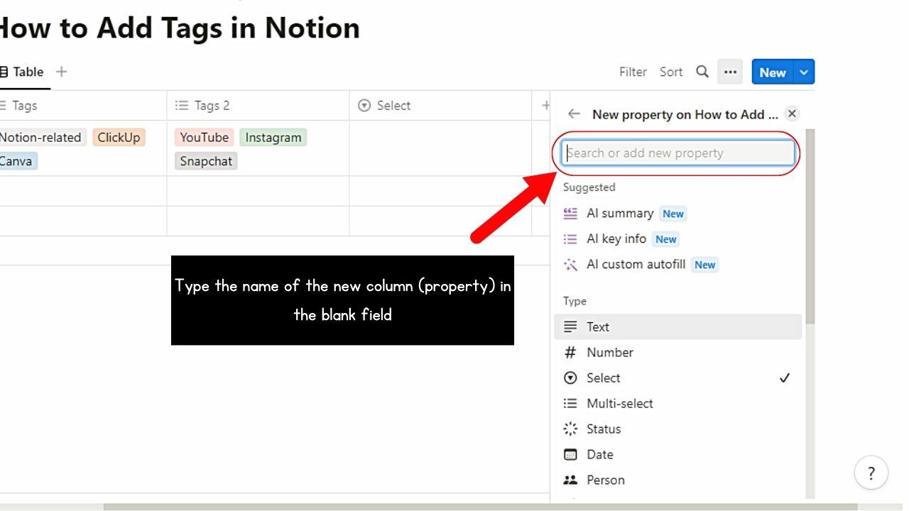 Adding Select or Multi-Select Property Columns to Add Tags in Notion Step 5