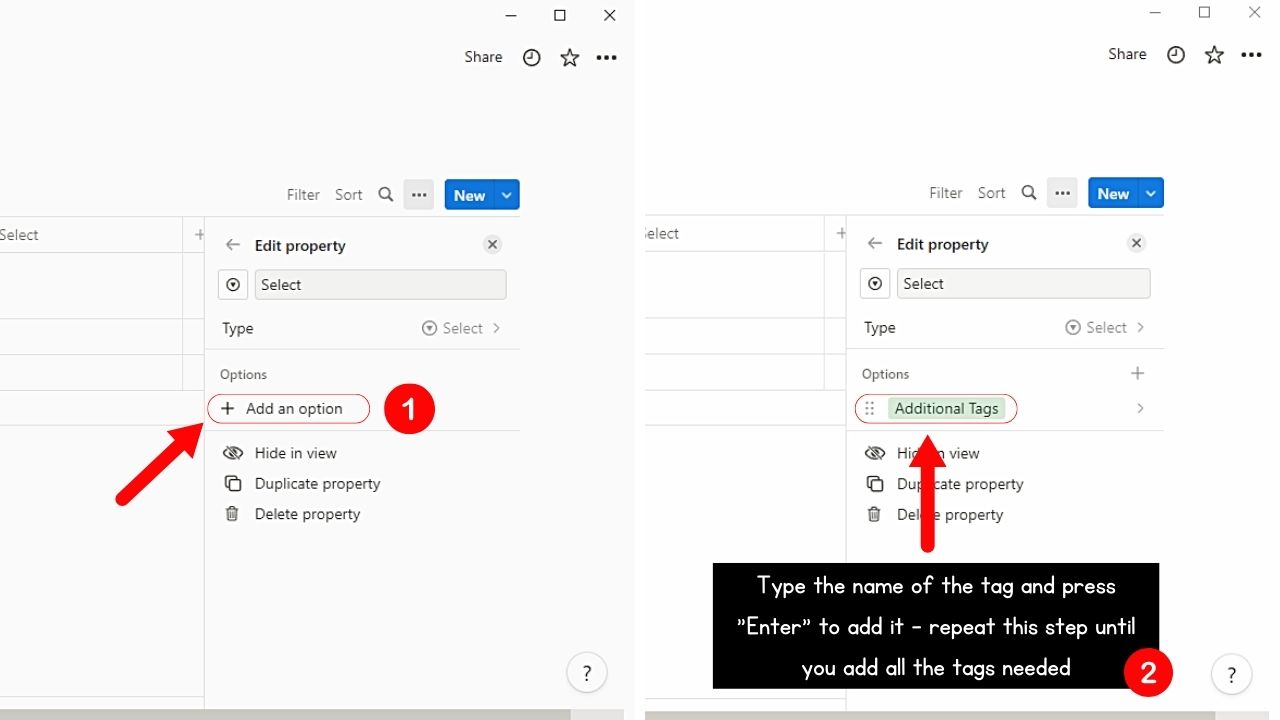 Adding Select or Multi-Select Property Columns to Add Tags in Notion Step 6