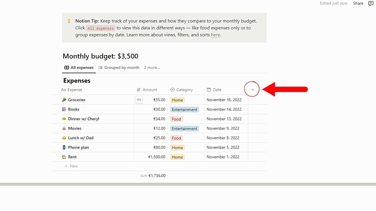 Changing a Newly-Added Number Property to Currency in Notion Step 1