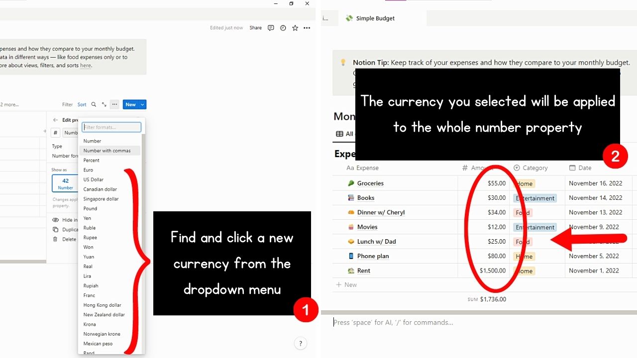 Changing a Newly-Added Number Property to Currency in Notion Step 4