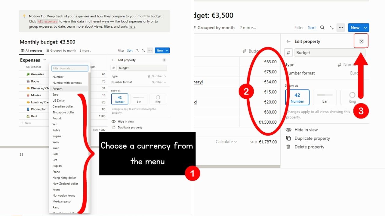 Changing an Existing Number Property to Currency in Notion Step 4