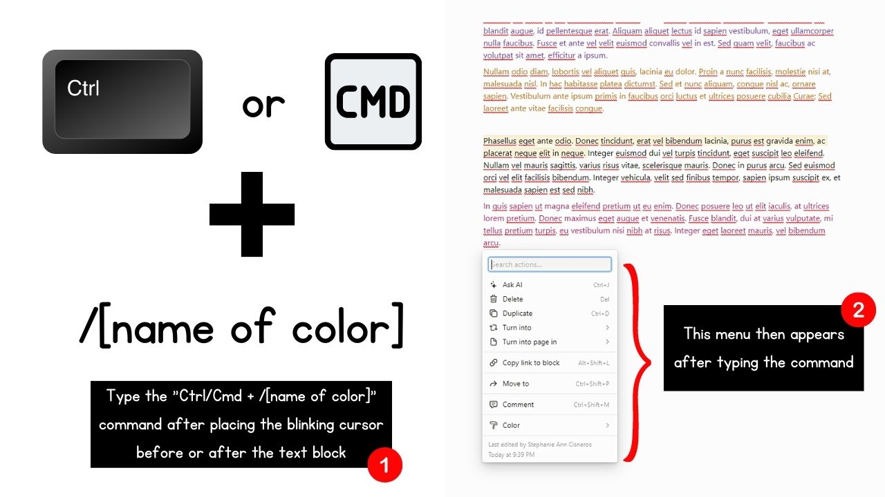 How to Change Text Color in Notion Desktop Using the Cmd or Ctrl + [name of color] Command Step 2