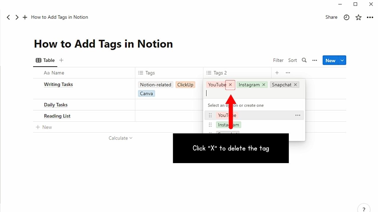Clicking X to Remove Tags in Notion