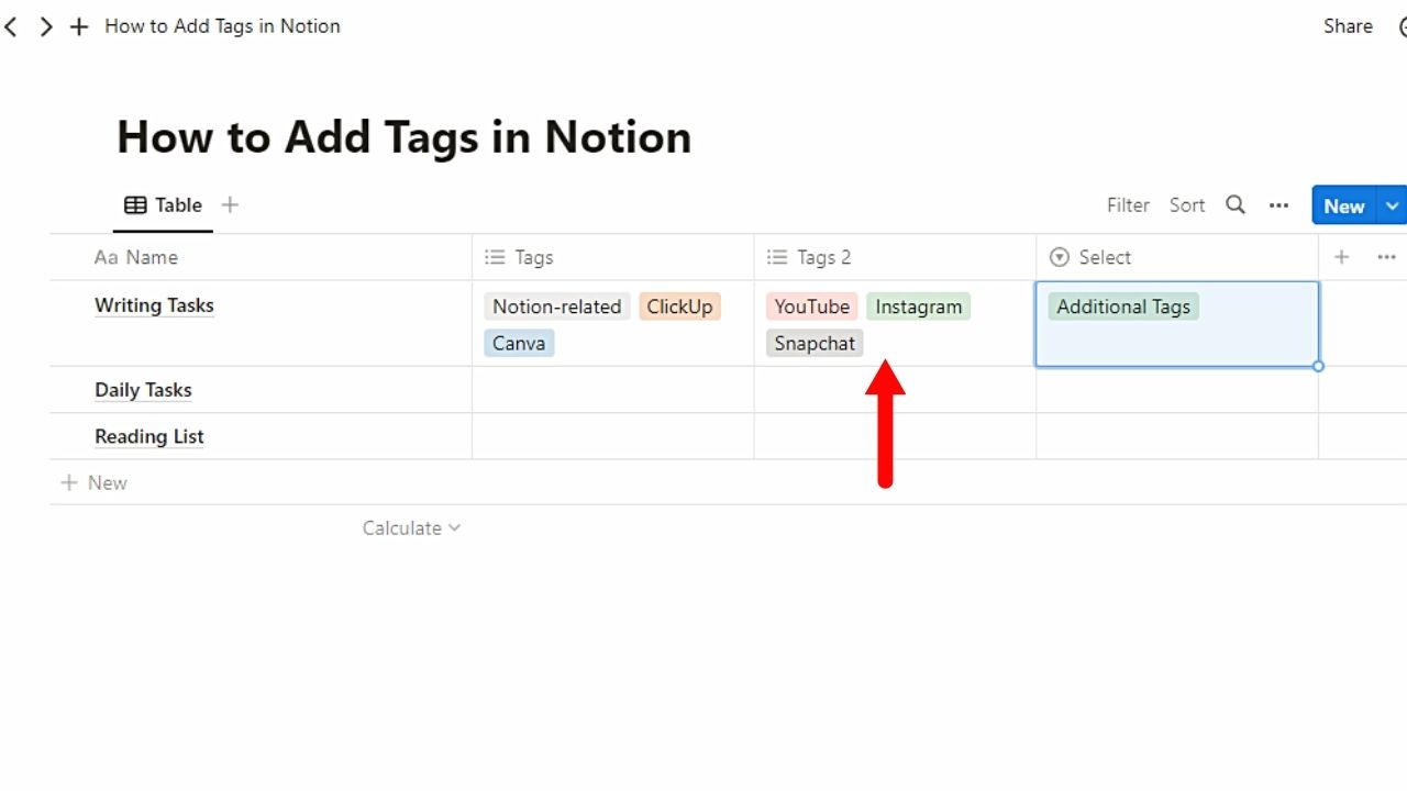 Dragging Existing Tags into the Next Cell to Add Tags in Notion Step 1