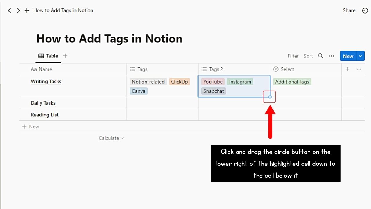 Dragging Existing Tags into the Next Cell to Add Tags in Notion Step 2