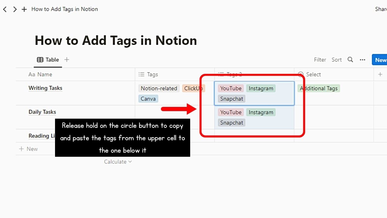 Dragging Existing Tags into the Next Cell to Add Tags in Notion Step 3
