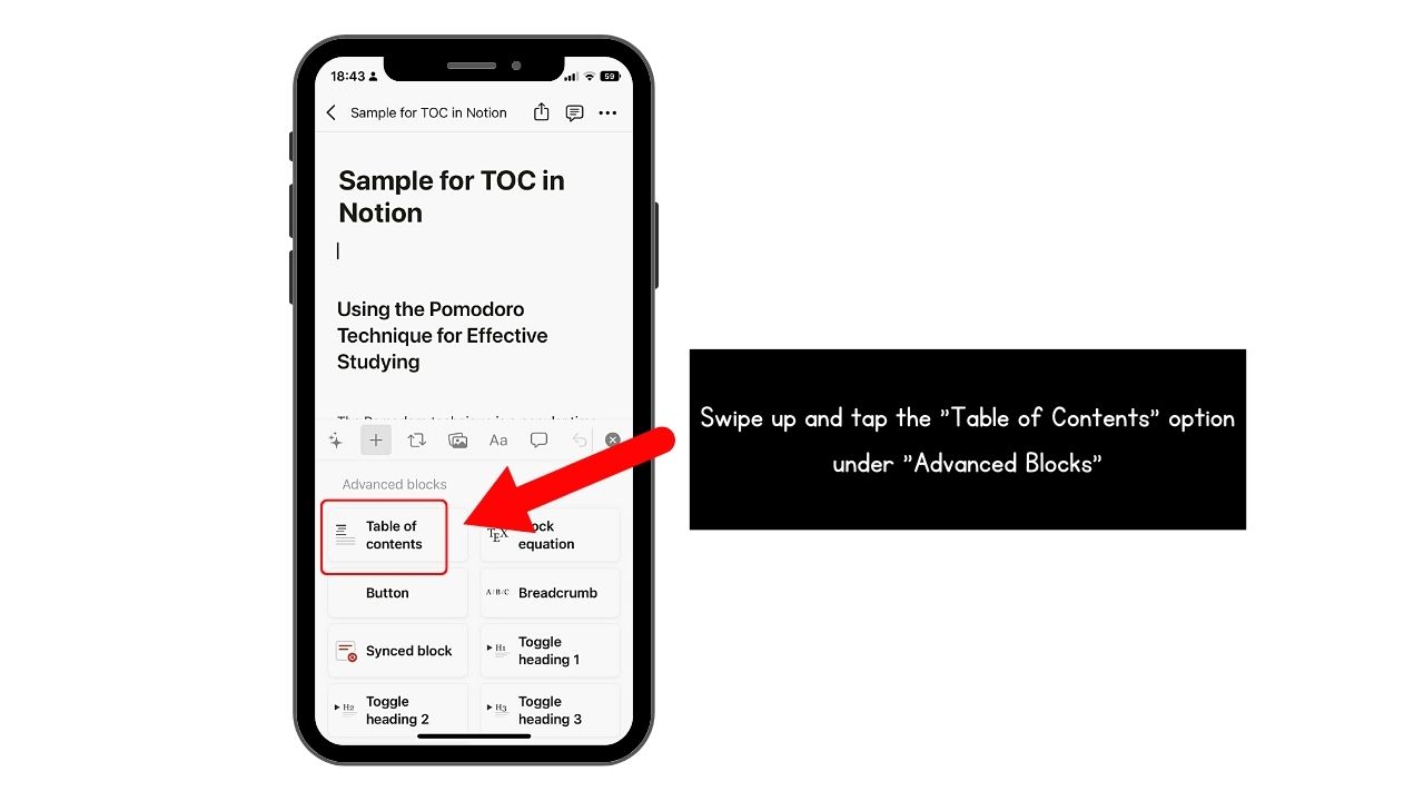 Adding Table of Contents in Notion (Mobile) Step 3