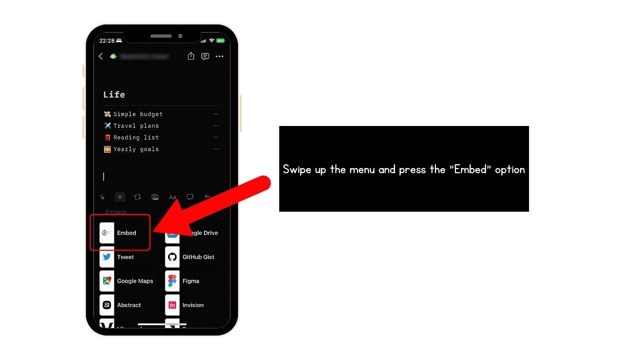 How to Add/Embed Widgets in Notion Mobile Step 2