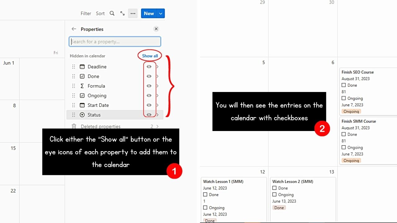 Creating Checkboxes in Notion Calendar Step 3