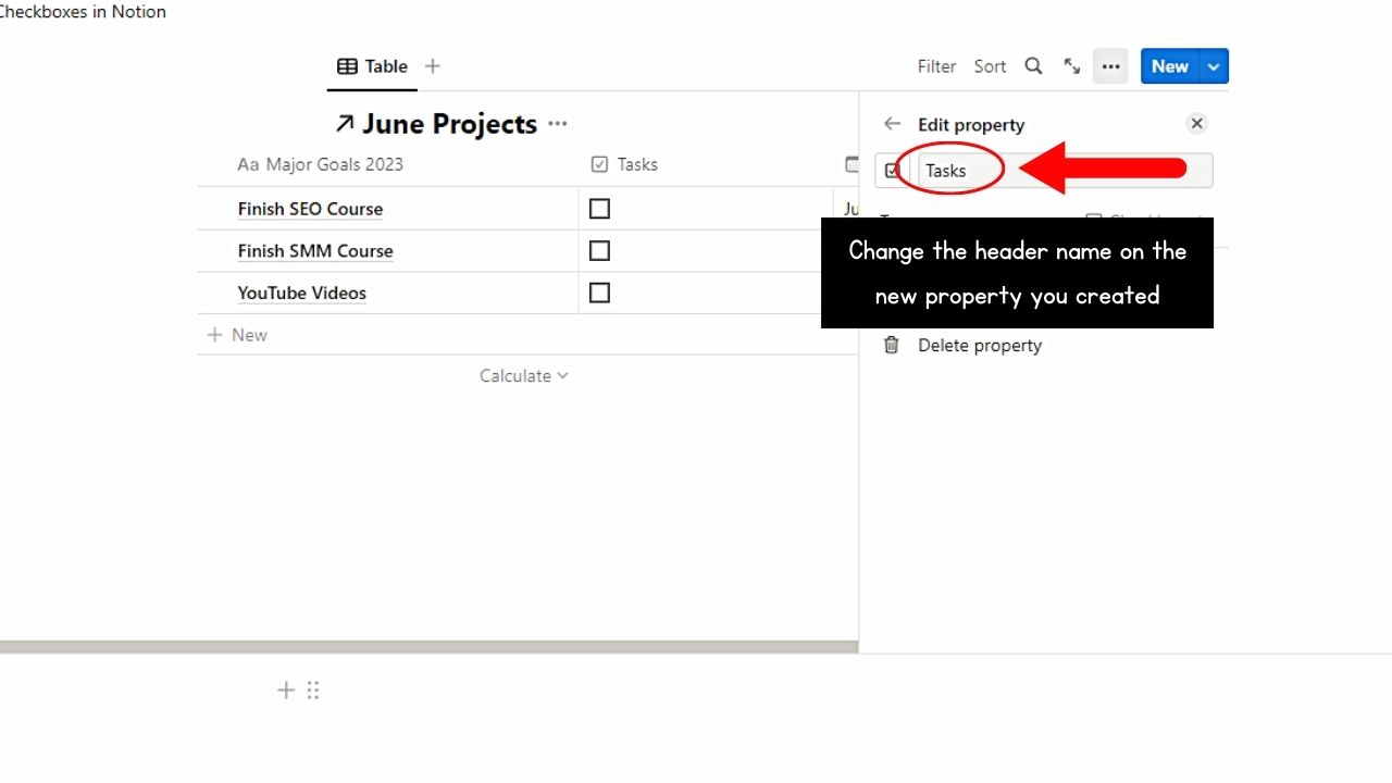 Creating Checkboxes in Notion Table Step 2