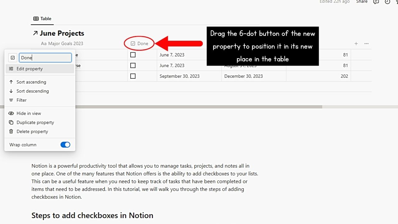 Creating Checkboxes in Notion Table Step 4