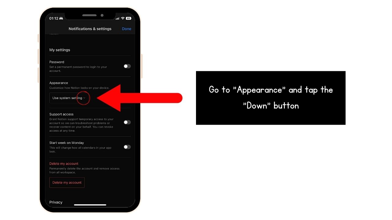 Turning On or Off Dark Mode in Notion (Mobile) Step 3