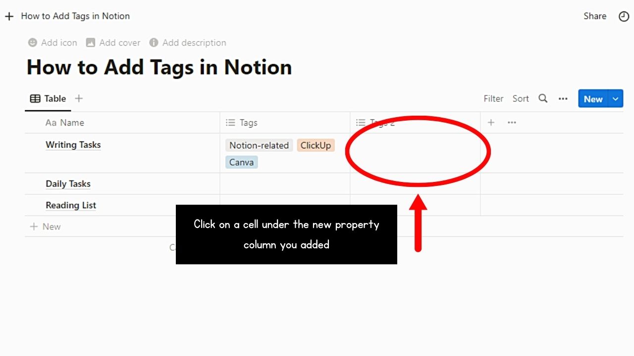 Typing Directly into a Cell of a Multi-Select Property Column to Add Tags in Notion Step 1