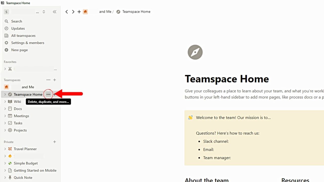 Accessing Teamspace Settings to Delete Teamspace in Notion Step 1