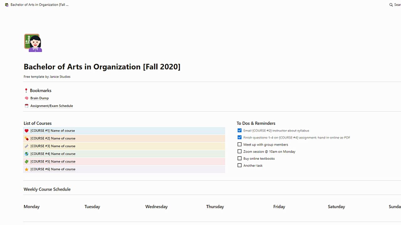 Bachelor of Arts in Organization Free Notion Template for Students