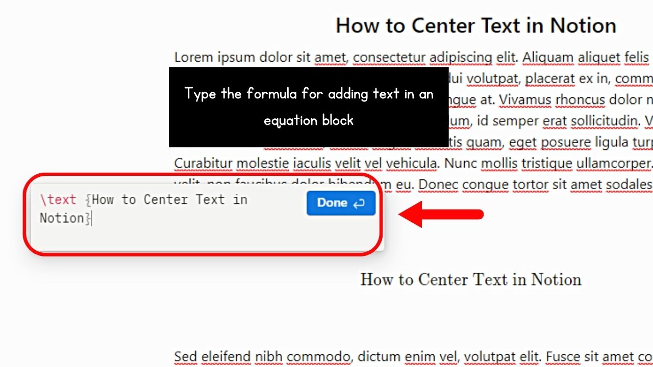 Centering Text in Notion by Adding Block Equations Step 2