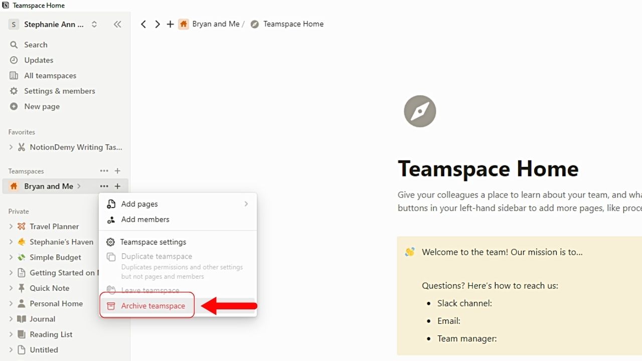 Clicking “Archive Teamspace” to Delete Teamspace in Notion Step 2