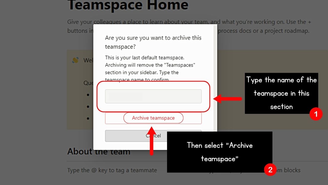 Clicking “Archive Teamspace” to Delete Teamspace in Notion Step 3