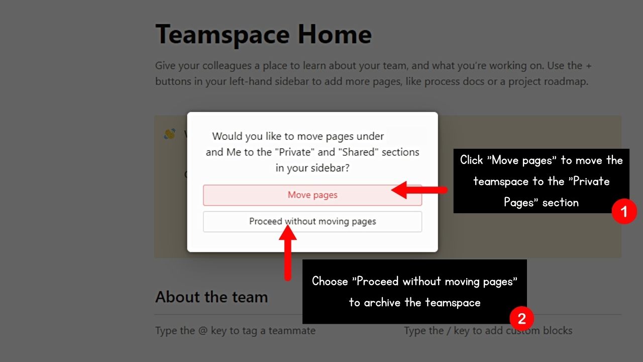 Clicking “Archive Teamspace” to Delete Teamspace in Notion Step 4