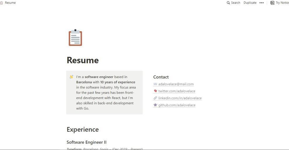 Resume by Notion template