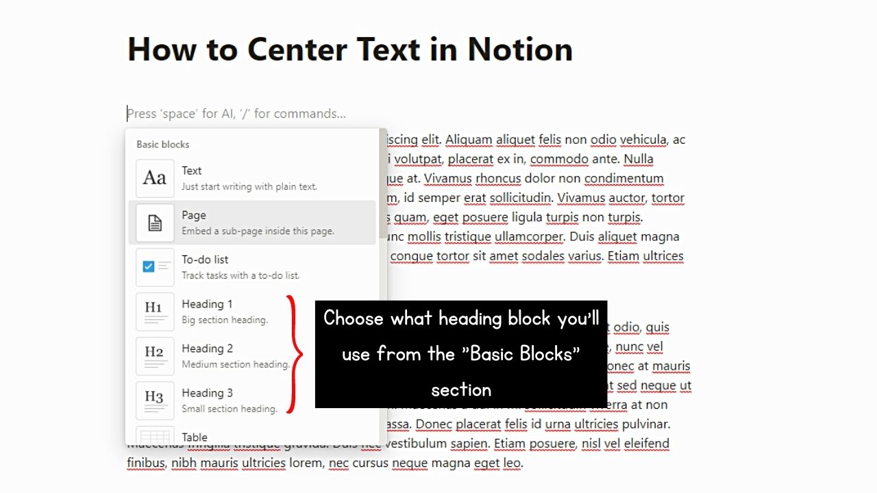 Using Heading Blocks to Center Text in Notion Step 2