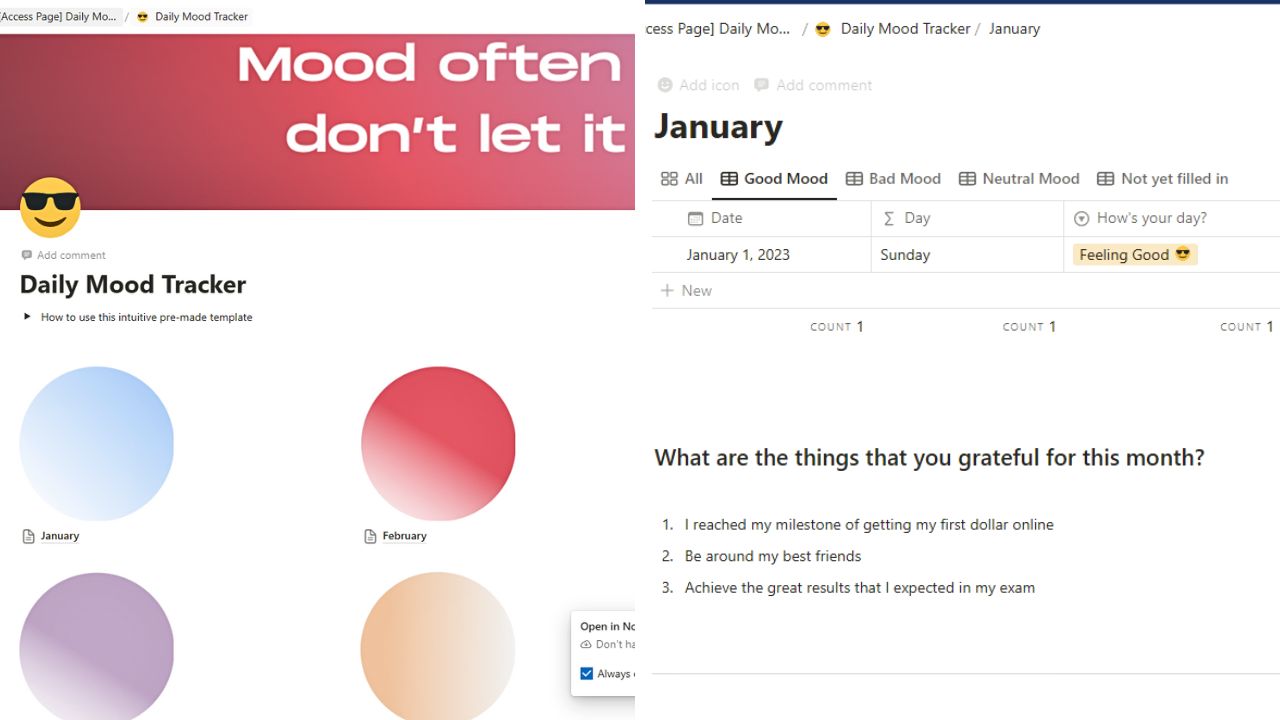 Daily Mood Tracker & Journal by Calvin Free Notion Mood Tracker Template