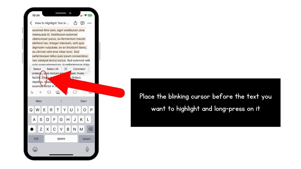 How to Highlight Existing Text in Notion Mobile Step 1