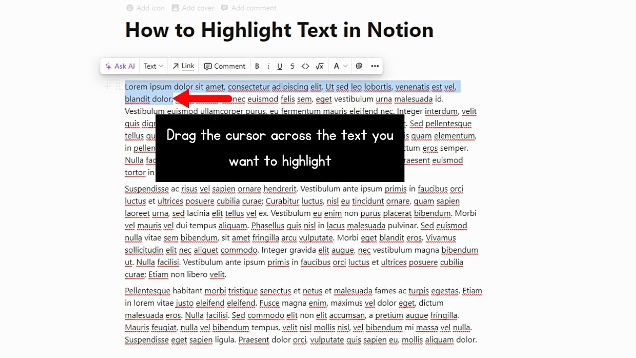 How to Highlight Text in Notion With Text Added (Desktop or Web) Step 1