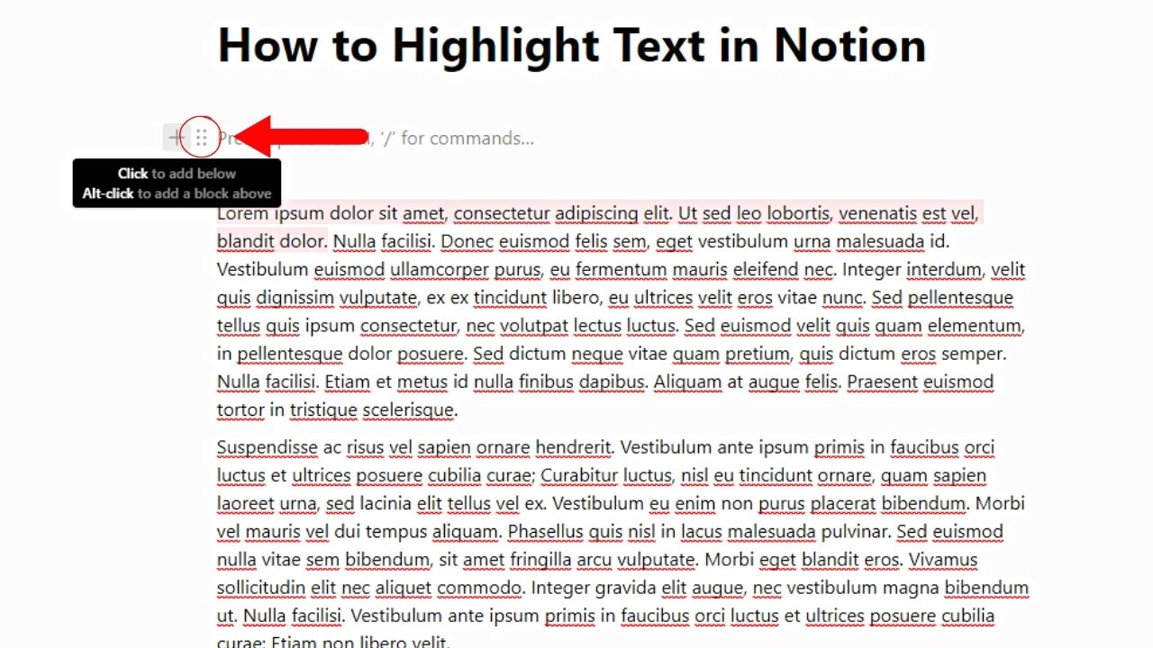 How to Highlight Text in Notion Without Text Added (Desktop or Web) Step 1