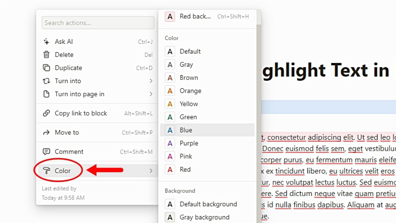 How to Highlight Text in Notion Without Text Added (Desktop or Web) Step 2