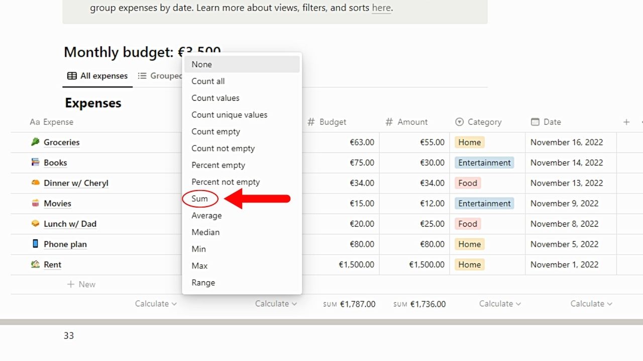 How to Sum a Column in Notion (Desktop) Step 3