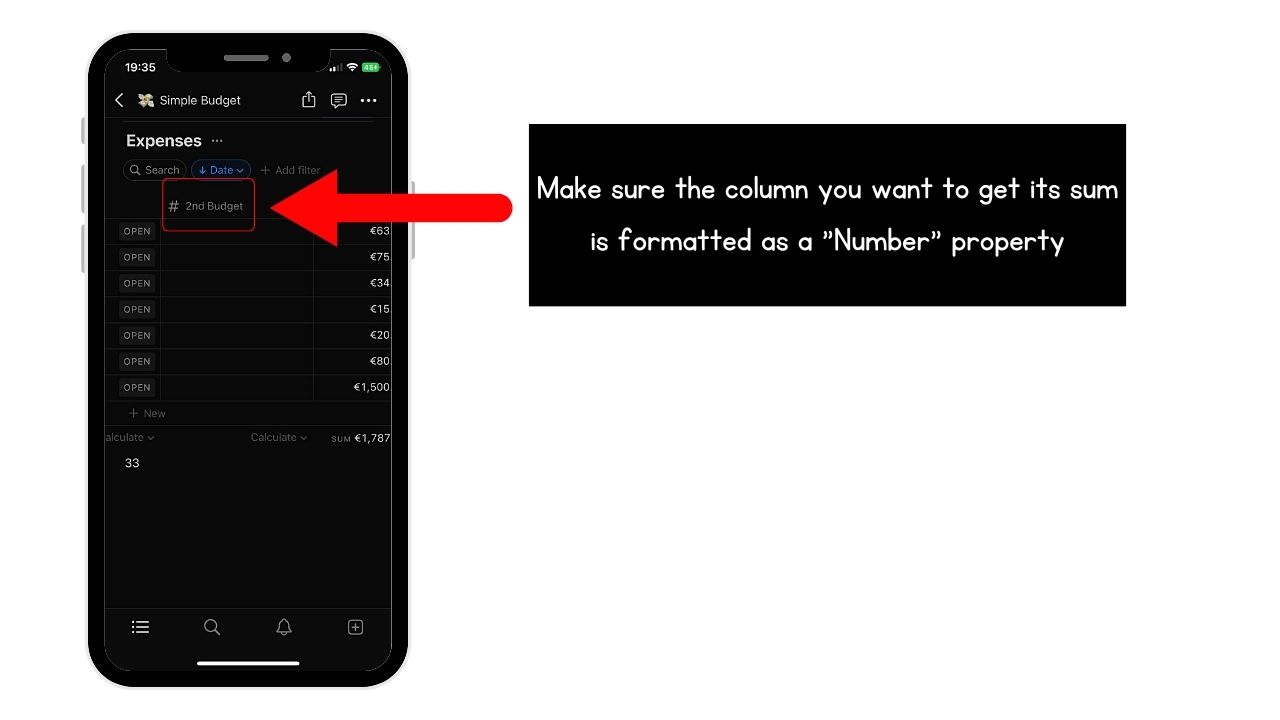 How to Sum a Column in Notion (Mobile) Step 1