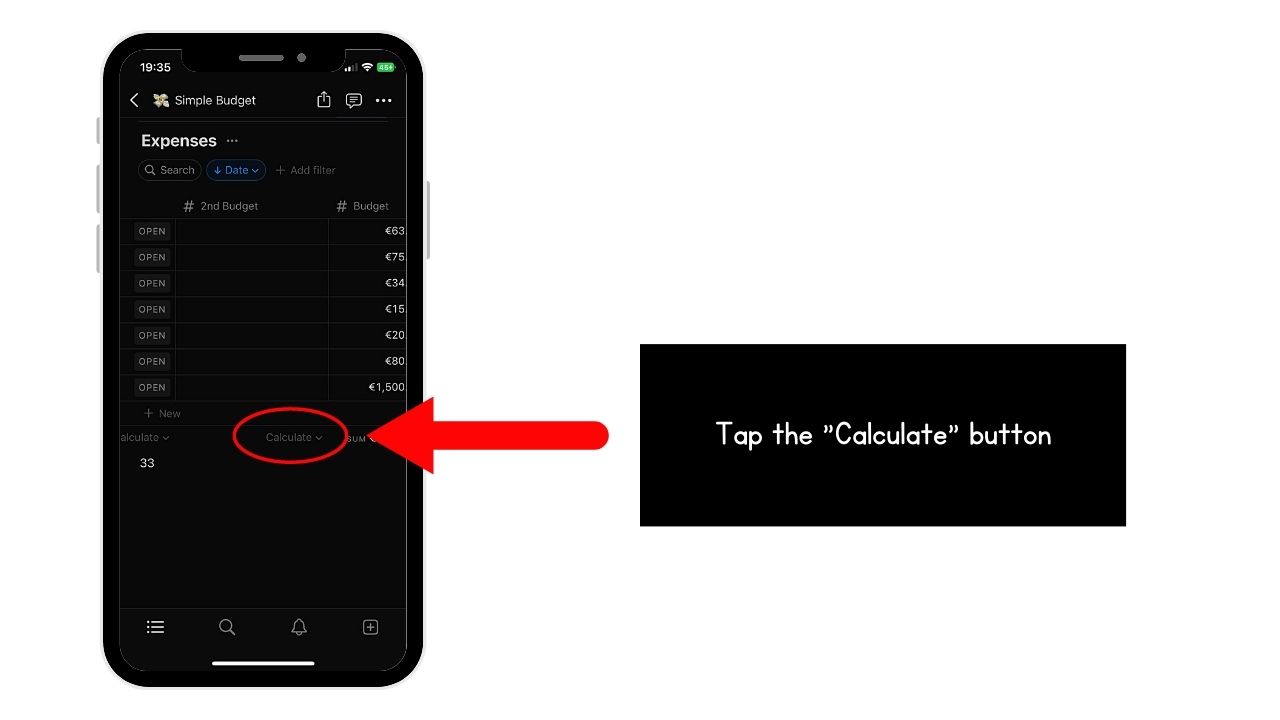 How to Sum a Column in Notion (Mobile) Step 2