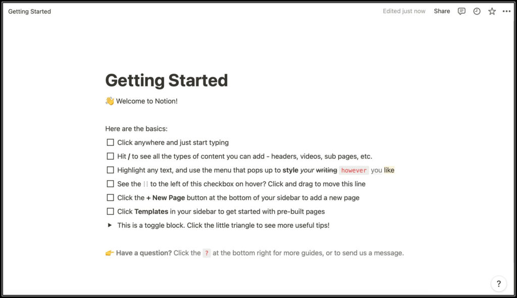 Notion - Getting Started Screen