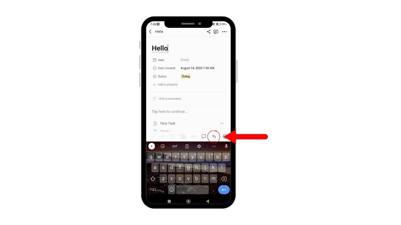 Tapping Undo on the Onscreen Keyboard in Notion Mobile