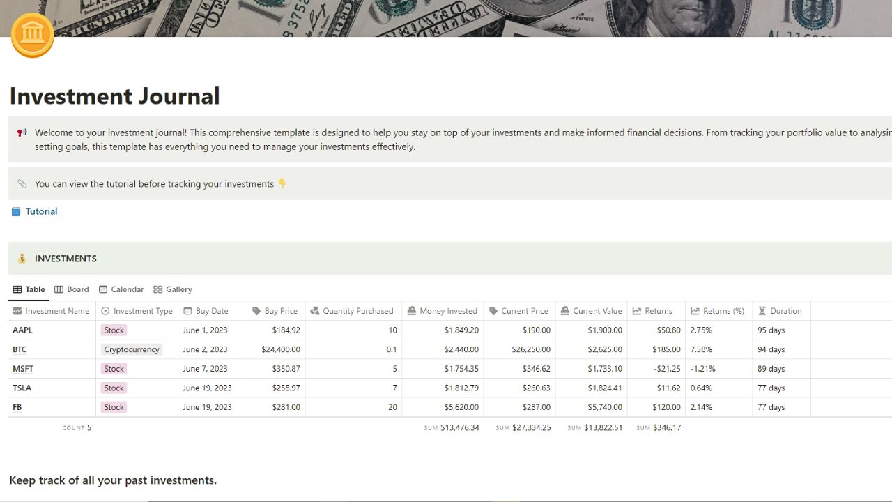 Investment Journal by BudgetBits Free Notion Journal Template