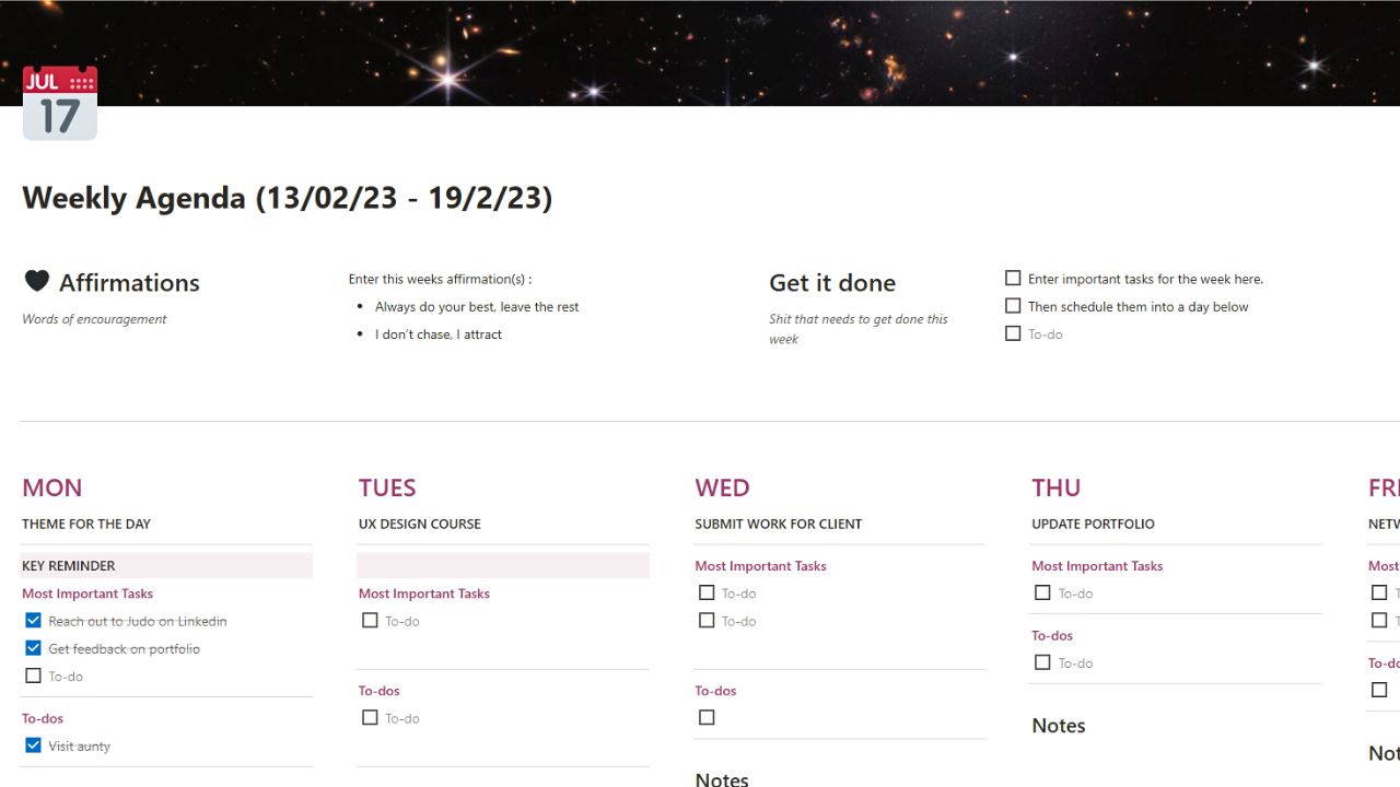 Marie Poulin’s Weekly Agenda (Fisayo Osilaja Modified) Best and Free Notion Weekly Planner Templates