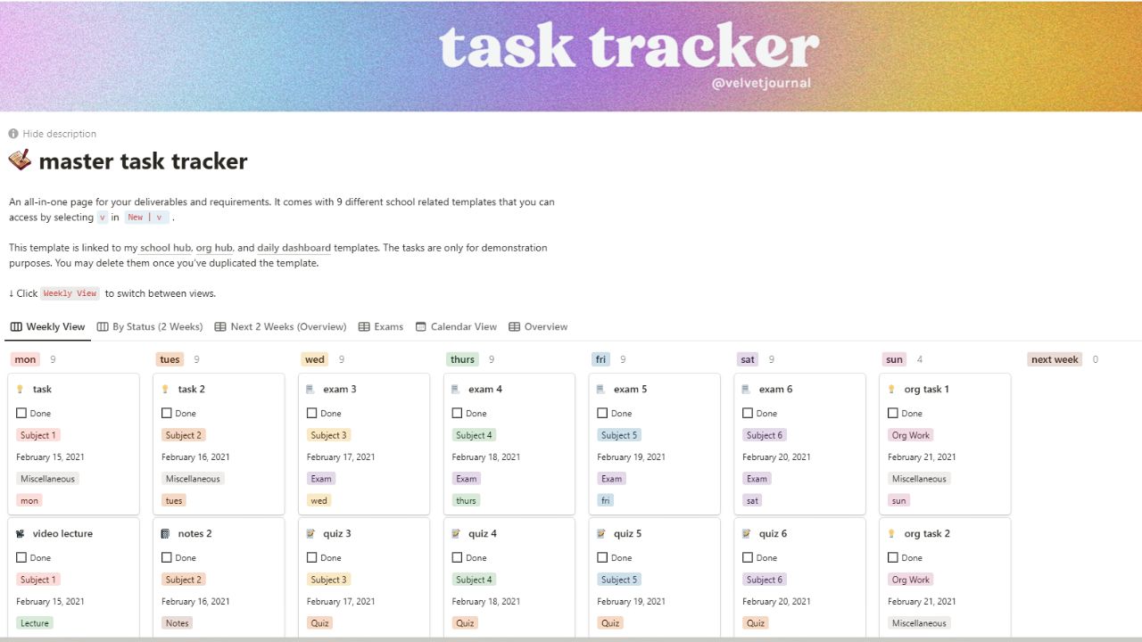 Master Task Tracker by Velvetjournal Best and Free Notion Weekly Planner Templates