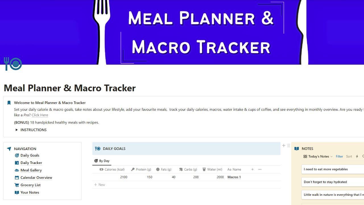 Meal Planner and Macro Tracker Free and Best Notion Meal Planner Template