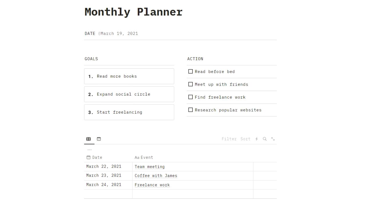 Monthly Planner Template of the Notion Planners by Monospace Best and Free Notion Monthly Planner Templates