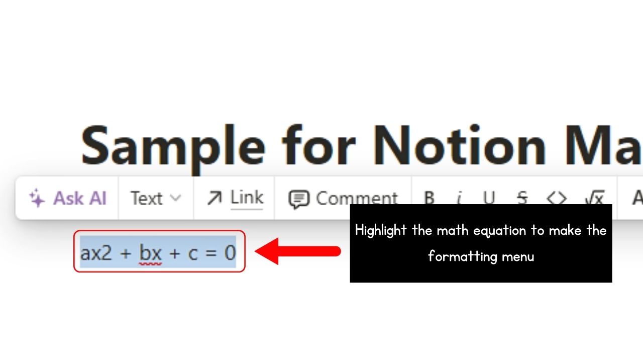 How to Add Inline Notion Math Equations Using the Formatting Menu Step 1