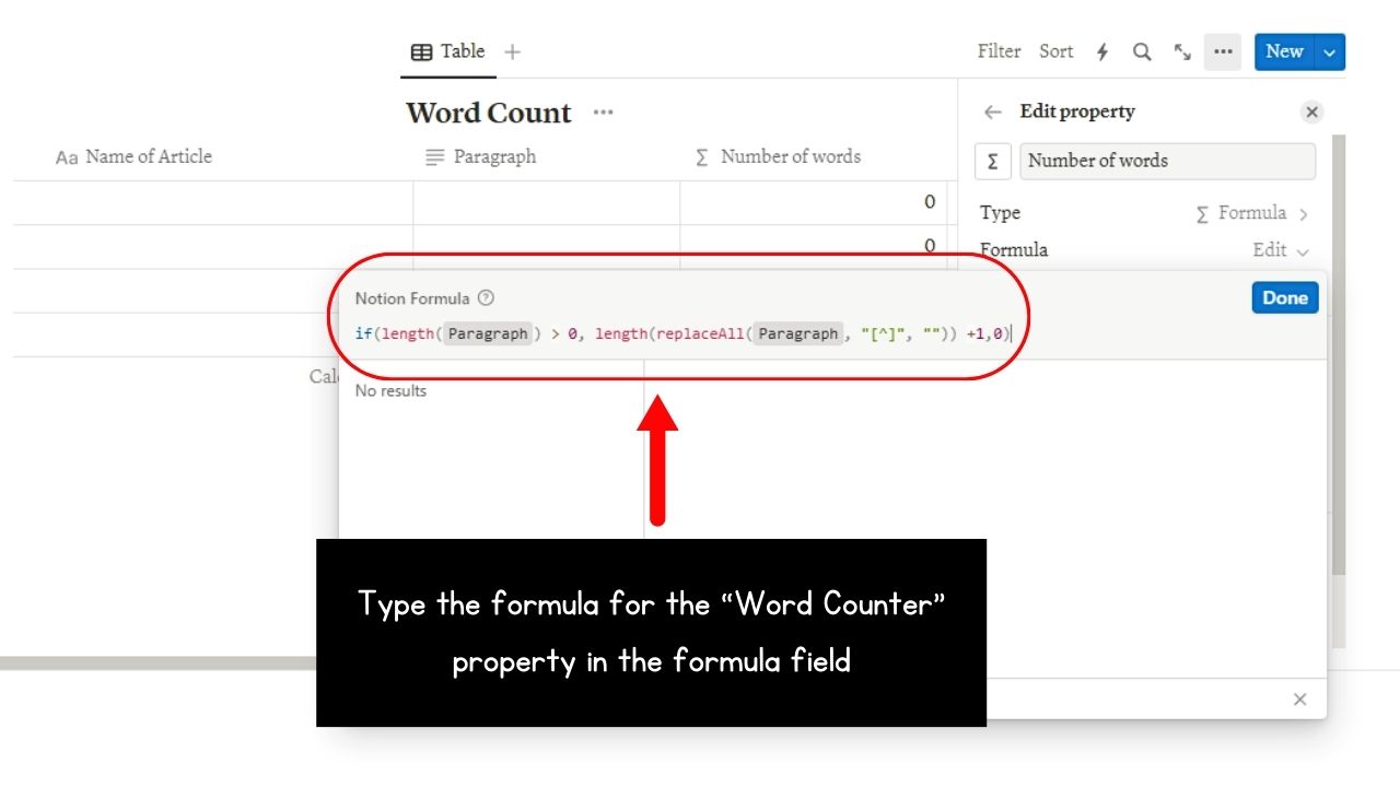 How to Check Word Count Within Databases in Notion by Creating a Word Counter Property Step 4