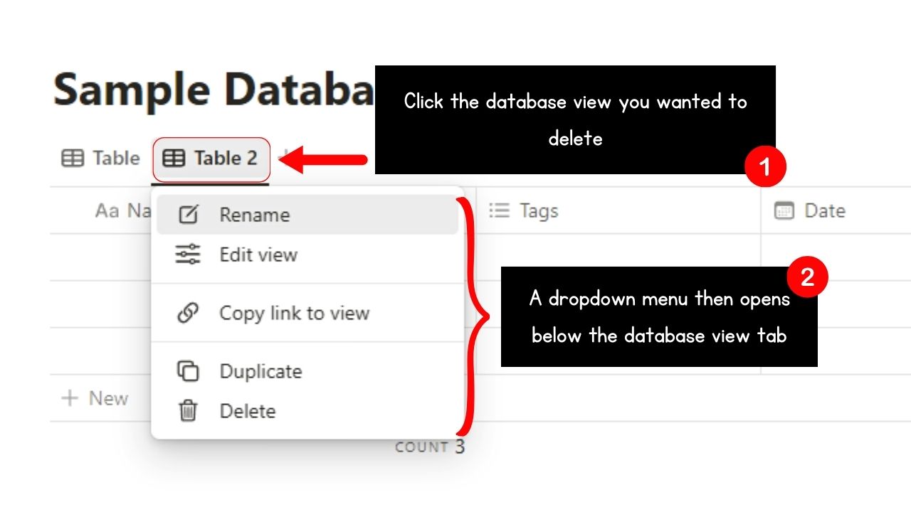 How to Delete a Specific View of a Database in Notion Step 1